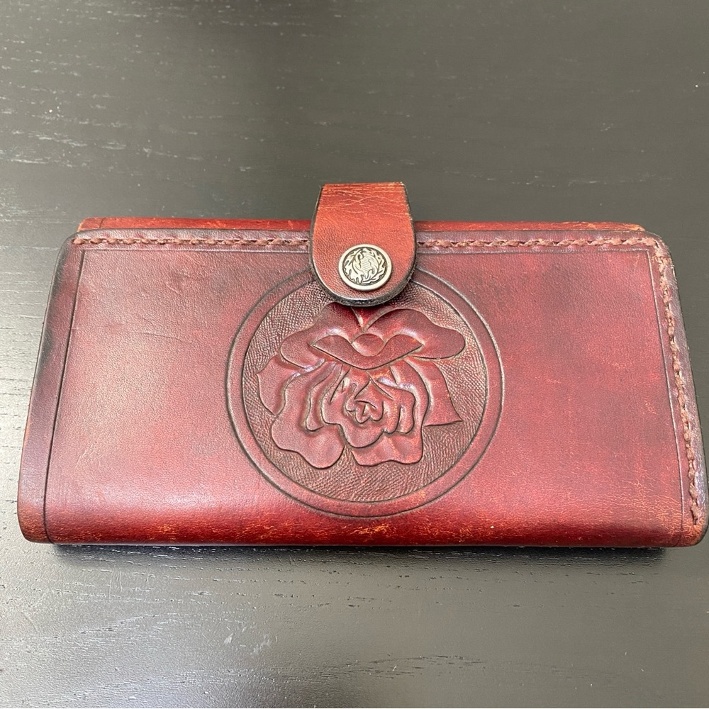 Cognac Leather Rose Floral Embossed Trifold Wallet Distressed